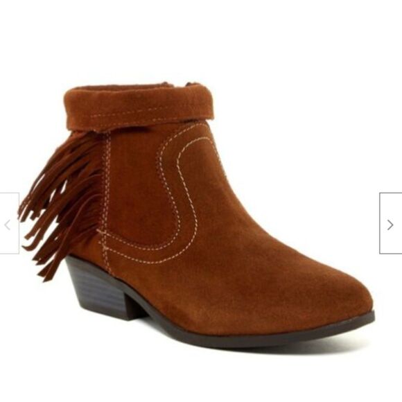 Sam Edelman Brown Whiskey Suede Heeled Fringe Ankle Bootie 4 Girls Leather - Picture 1 of 4